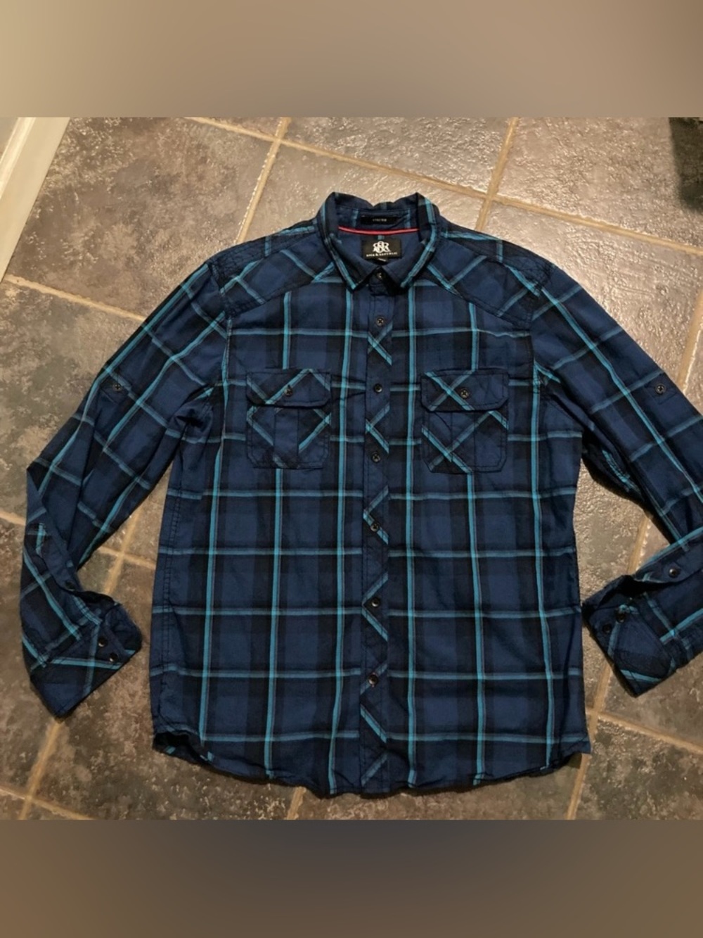 Rock & Republic Men's Blue Plaid Long Sleeve Button Front Shirt Size L